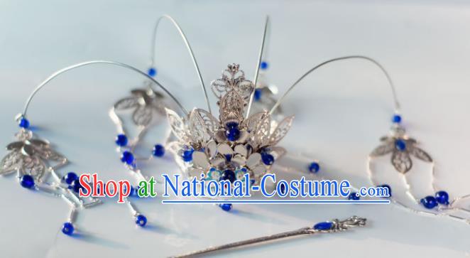 Chinese Ancient Princess Royalblue Beads Tassel Phoenix Coronet Hairpins Traditional Hanfu Hair Accessories for Women