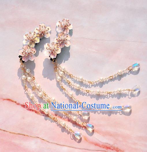 Chinese Ancient Princess Pink Flowers Hair Sticks Tassel Hairpins Traditional Hanfu Hair Accessories for Women