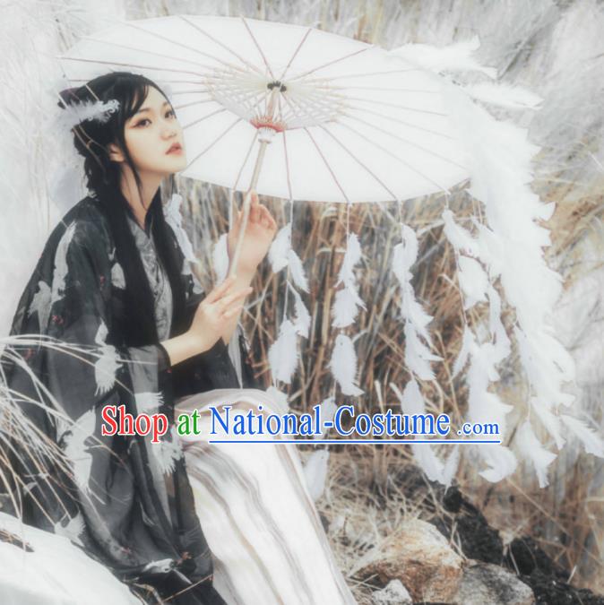 Chinese Ancient Princess Feather Tassel Umbrella Traditional Handmade Hanfu Paper Umbrellas for Women