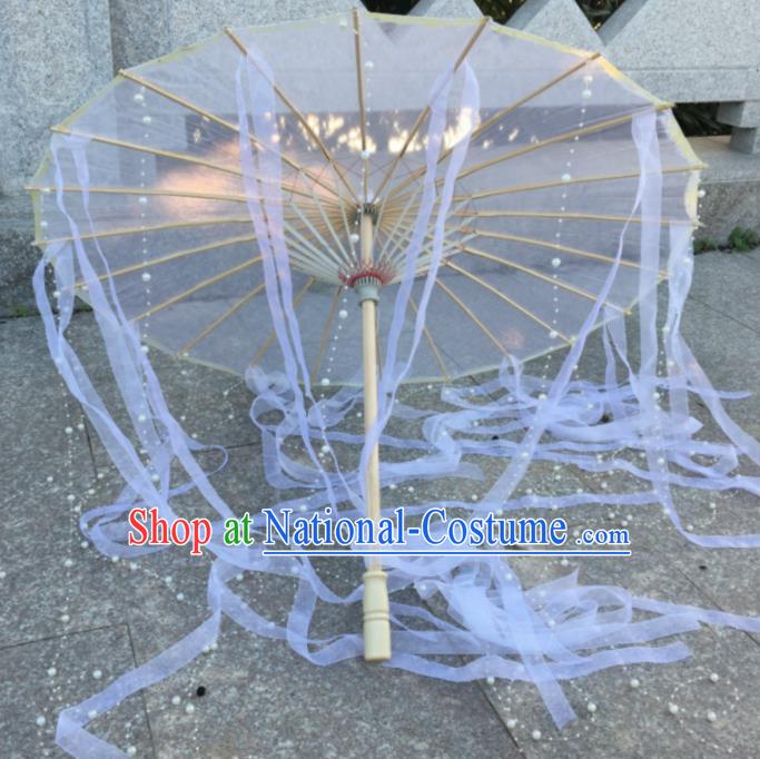 Chinese Ancient Princess Umbrella Traditional Handmade White Ribbon Umbrellas for Women