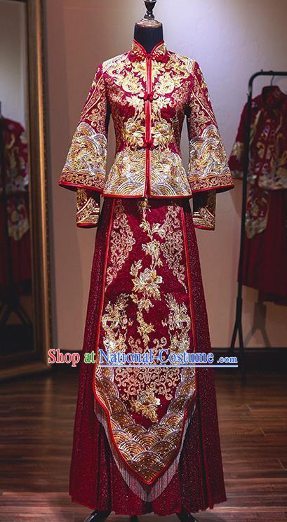 Chinese Traditional Wedding Xiuhe Suit Ancient Bride Embroidered Dress  for Women