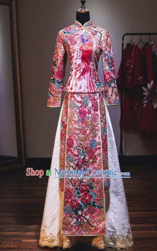 Chinese Traditional Wedding Diamante Xiuhe Suit Ancient Bride Embroidered Champagne Dress for Women