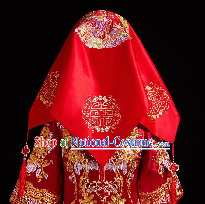 Chinese Ancient Wedding Headdress Curtain Traditional Handmade Embroidered Dragon Phoenix Red Cover for Women