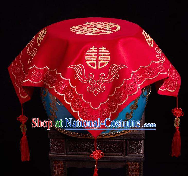 Chinese Ancient Wedding Headdress Bride Embroidered Red Curtain Traditional Handmade Red Veil for Women