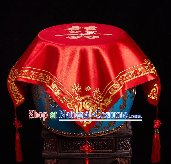 Chinese Ancient Wedding Headdress Bride Embroidered Curtain Traditional Handmade Red Veil for Women