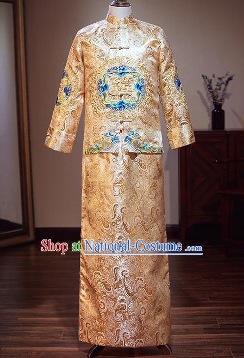 Chinese Traditional Wedding Costume Ancient Bridegroom Embroidered Golden Tang Suit Clothing for Men