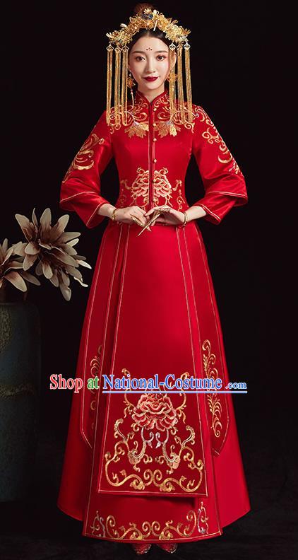 Chinese Traditional Bride Xiuhe Suit Ancient Wedding Embroidered Peony Red Dress for Women