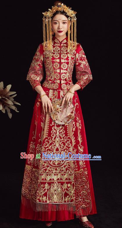 Chinese Traditional Bride Diamante Xiuhe Suit Ancient Wedding Embroidered Red Dress for Women