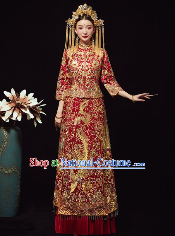 Chinese Traditional Bride Diamante Phoenix Xiuhe Suit Ancient Wedding Embroidered Red Dress for Women