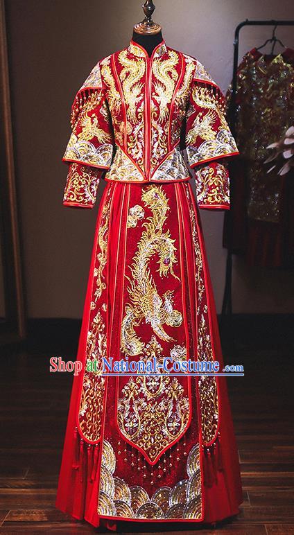 Chinese Traditional Bride Red Xiuhe Suit Ancient Wedding Embroidered Diamante Phoenix Dress for Women