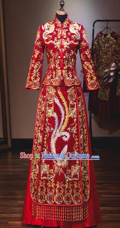 Chinese Traditional Bride Red Diamante Xiuhe Suit Ancient Wedding Embroidered Phoenix Dress for Women