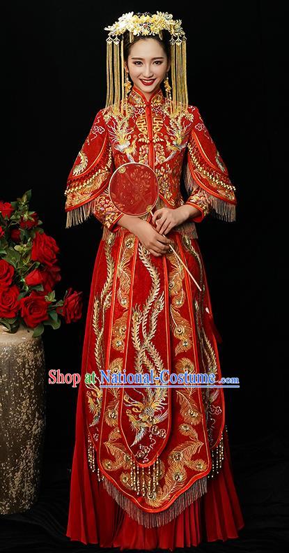 Chinese Traditional Bride Diamante Xiuhe Suit Ancient Wedding Embroidered Phoenix Dress for Women