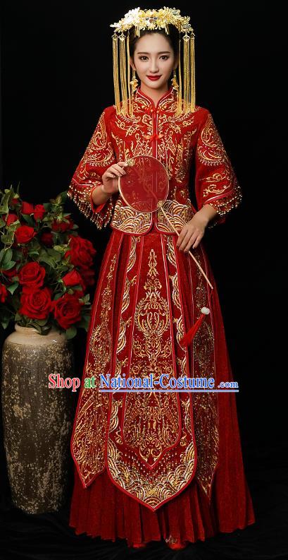 Chinese Traditional Bride Diamante Xiuhe Suit Ancient Wedding Red Embroidered Dress for Women