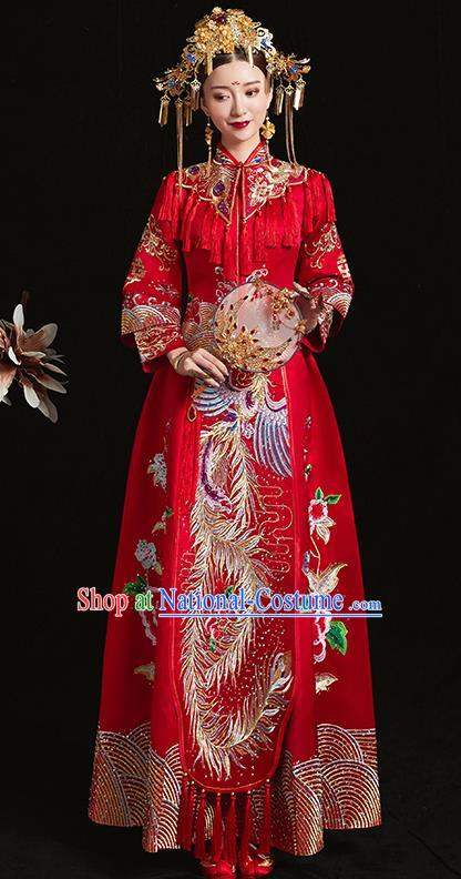 Chinese Traditional Bride Red Xiuhe Suit Ancient Wedding Embroidered Phoenix Peony Dress for Women