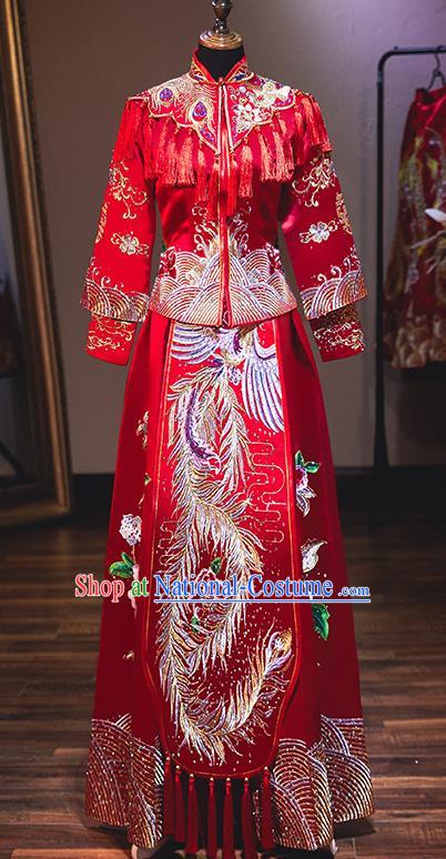 Chinese Traditional Bride Costume Embroidered Phoenix Peony Xiuhe Suit Ancient Wedding Dress for Women