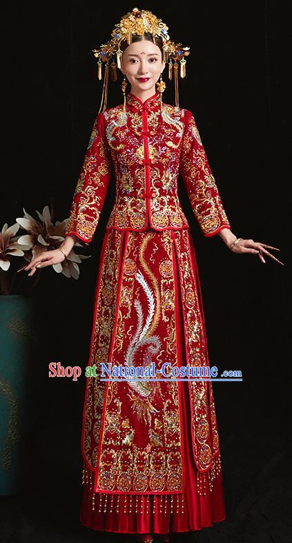 Chinese Traditional Bride Diamante Costume Embroidered Phoenix Peony Xiuhe Suit Ancient Wedding Dress for Women