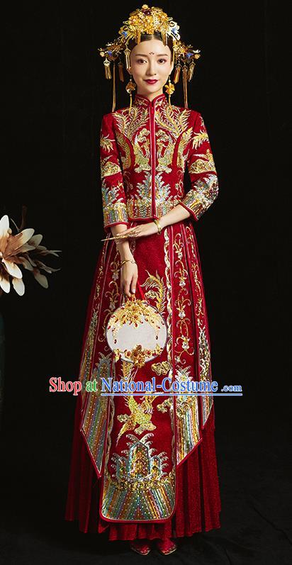 Chinese Traditional Bride Diamante Costume Embroidered Phoenix Xiuhe Suit Ancient Wedding Dress for Women