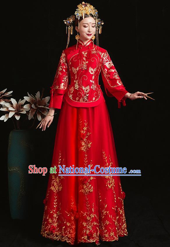 Chinese Traditional Bride Costume Embroidered Phoenix Xiuhe Suit Ancient Wedding Red Veil Dress for Women