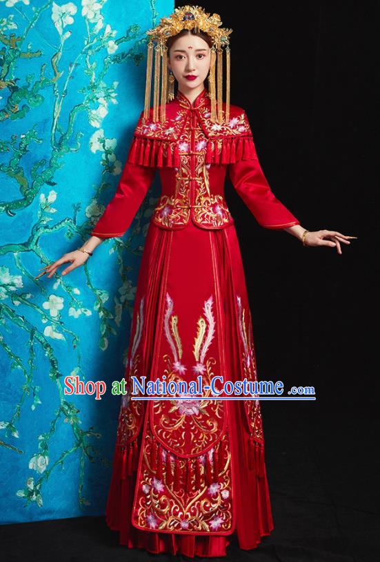 Chinese Traditional Bride Costume Embroidered Peony Xiuhe Suit Ancient Wedding Red Dress for Women