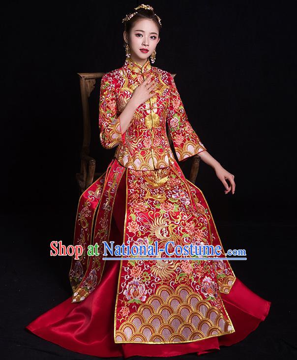 Chinese Traditional Bride Costume Embroidered Phoenix Peony Xiuhe Suit Ancient Wedding Dress for Women