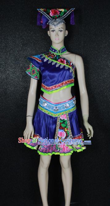 Chinese Traditional Zhuang Nationality Embroidered Royalblue Dress Ethnic Folk Dance Costume for Women