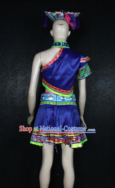 Chinese Traditional Zhuang Nationality Embroidered Royalblue Dress Ethnic Folk Dance Costume for Women