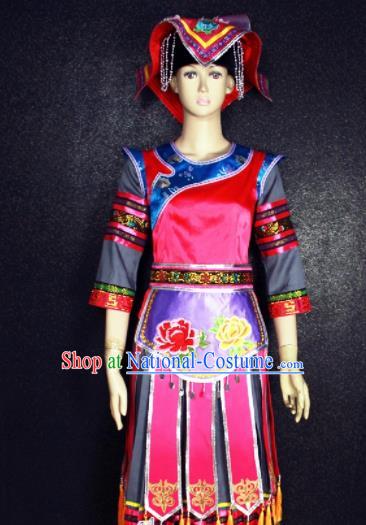 Chinese Traditional Gelao Nationality Embroidered Red Dress Ethnic Folk Dance Costume for Women