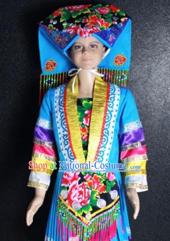 Chinese Traditional Zhuang Nationality Blue Clothing Ethnic Folk Dance Costume for Kids