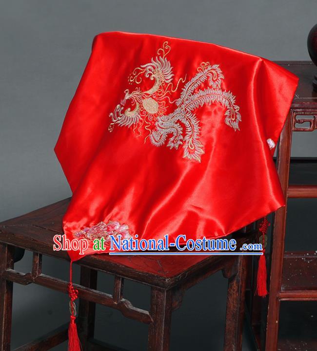 Chinese Ancient Wedding Embroidered Phoenix Curtain Traditional Bride Headdress Red Veil for Women