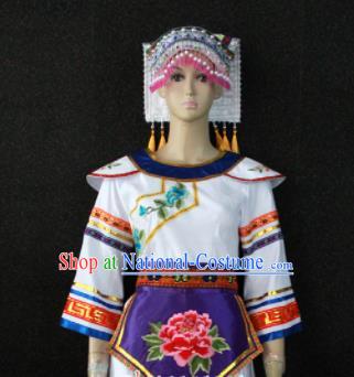 Chinese Traditional Zhuang Nationality Embroidered White Dress Ethnic Folk Dance Costume for Women