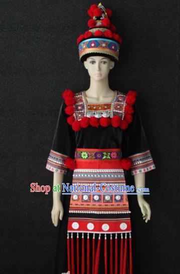 Chinese Traditional Yao Nationality Embroidered Black Dress Ethnic Folk Dance Costume for Women