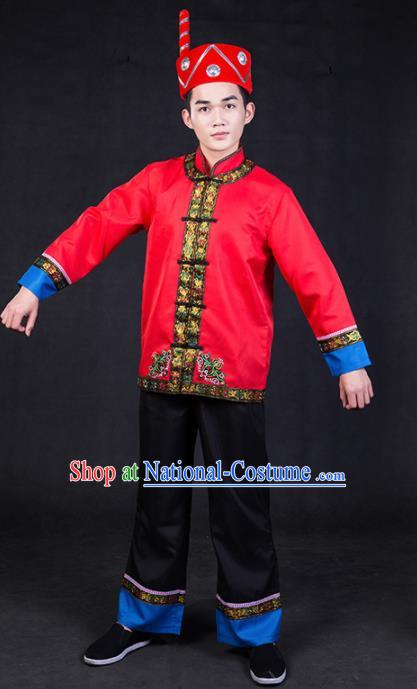 Chinese Traditional Yi Nationality Red Clothing Ethnic Bridegroom Folk Dance Costume for Men