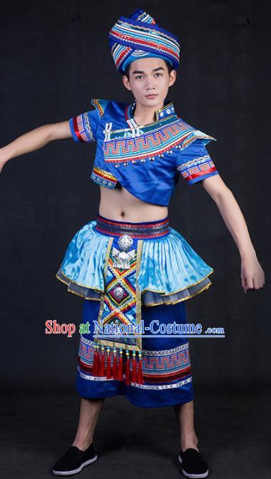 Chinese Traditional Zhuang Nationality Royalblue Clothing Ethnic Bridegroom Folk Dance Costume for Men