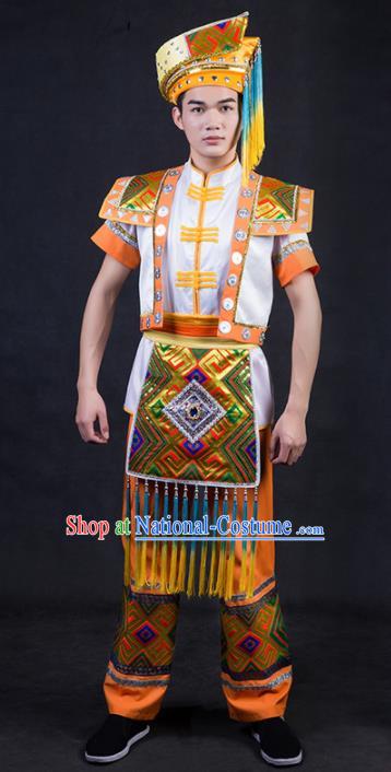 Chinese Traditional Zhuang Nationality Golden Clothing Ethnic Bridegroom Folk Dance Costume for Men