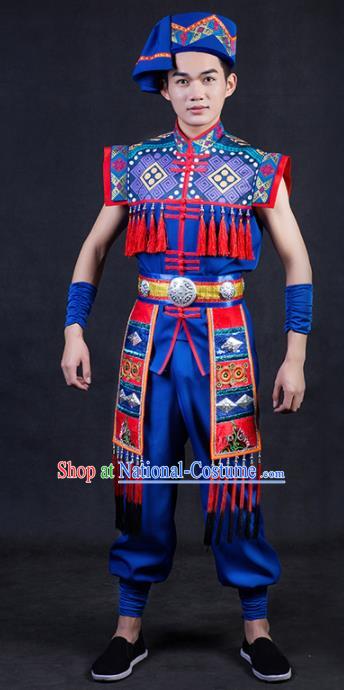 Chinese Traditional Yao Nationality Royalblue Clothing Ethnic Bridegroom Folk Dance Costume for Men