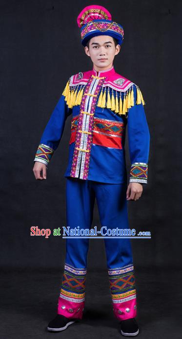 Chinese Traditional Zhuang Nationality Royalblue Clothing Ethnic Festival Folk Dance Costume for Men