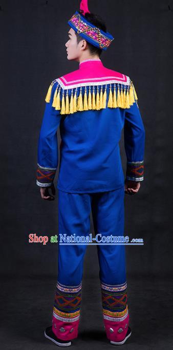 Chinese Traditional Zhuang Nationality Royalblue Clothing Ethnic Festival Folk Dance Costume for Men