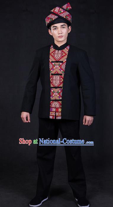 Chinese Traditional Zhuang Nationality Black Clothing Ethnic Festival Folk Dance Costume for Men