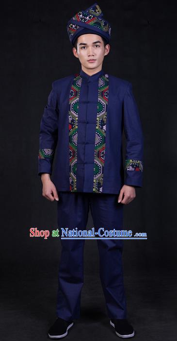 Chinese Traditional Zhuang Nationality Navy Blue Clothing Ethnic Festival Folk Dance Costume for Men