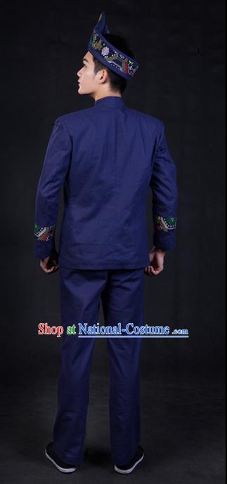 Chinese Traditional Zhuang Nationality Navy Blue Clothing Ethnic Festival Folk Dance Costume for Men