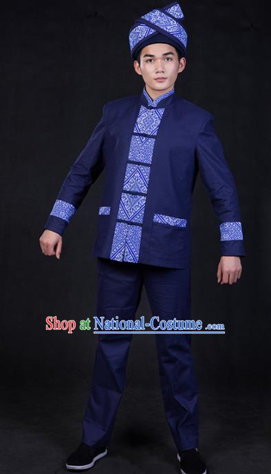 Chinese Traditional Zhuang Nationality Deep Blue Clothing Ethnic Festival Folk Dance Costume for Men