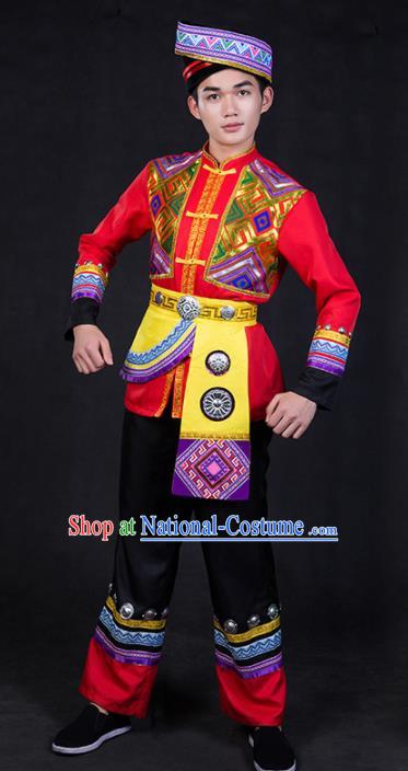 Chinese Traditional Zhuang Nationality Red Clothing Ethnic Festival Folk Dance Costume for Men