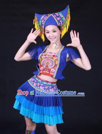 Chinese Traditional Zhuang Nationality Embroidered Blue Pleated Skirt Ethnic Folk Dance Costume for Women