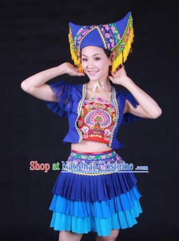 Chinese Traditional Zhuang Nationality Embroidered Blue Pleated Skirt Ethnic Folk Dance Costume for Women