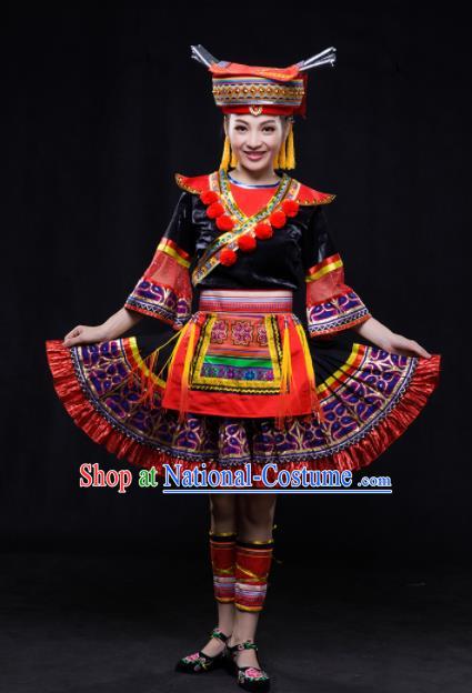 Chinese Traditional Yao Nationality Embroidered Pleated Skirt Ethnic Folk Dance Costume for Women