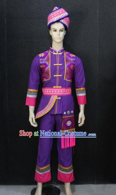 Chinese Traditional Zhuang Nationality Purple Clothing Ethnic Festival Folk Dance Costume for Men