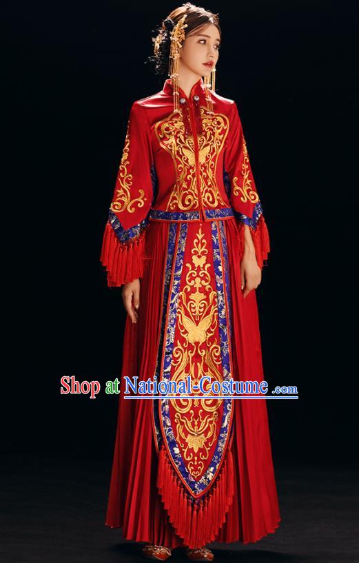 Chinese Traditional Bride Costume Xiuhe Suit Ancient Wedding Red Embroidered Butterfly Dress for Women