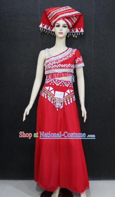 Chinese Traditional Zhuang Nationality Embroidered Red Dress Ethnic Folk Dance Costume for Women