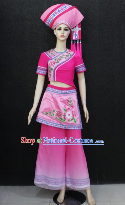 Chinese Traditional Zhuang Nationality Embroidered Pink Clothing Ethnic Folk Dance Costume for Women