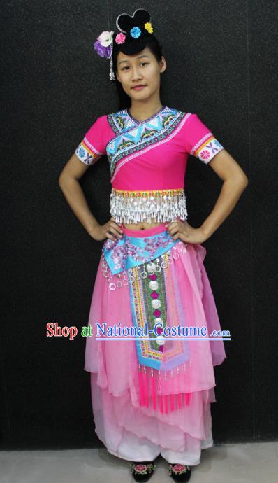 Chinese Traditional Zhuang Nationality Pink Dress Ethnic Folk Dance Costume for Women